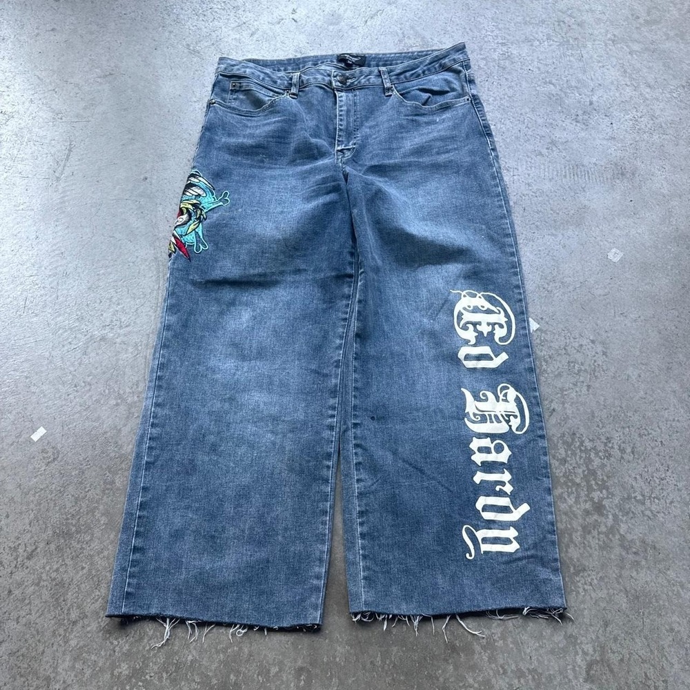 Early 2000s Ed Hardy Eagle Embroidered High Rise Wide Leg Baggy Jeans Size 34